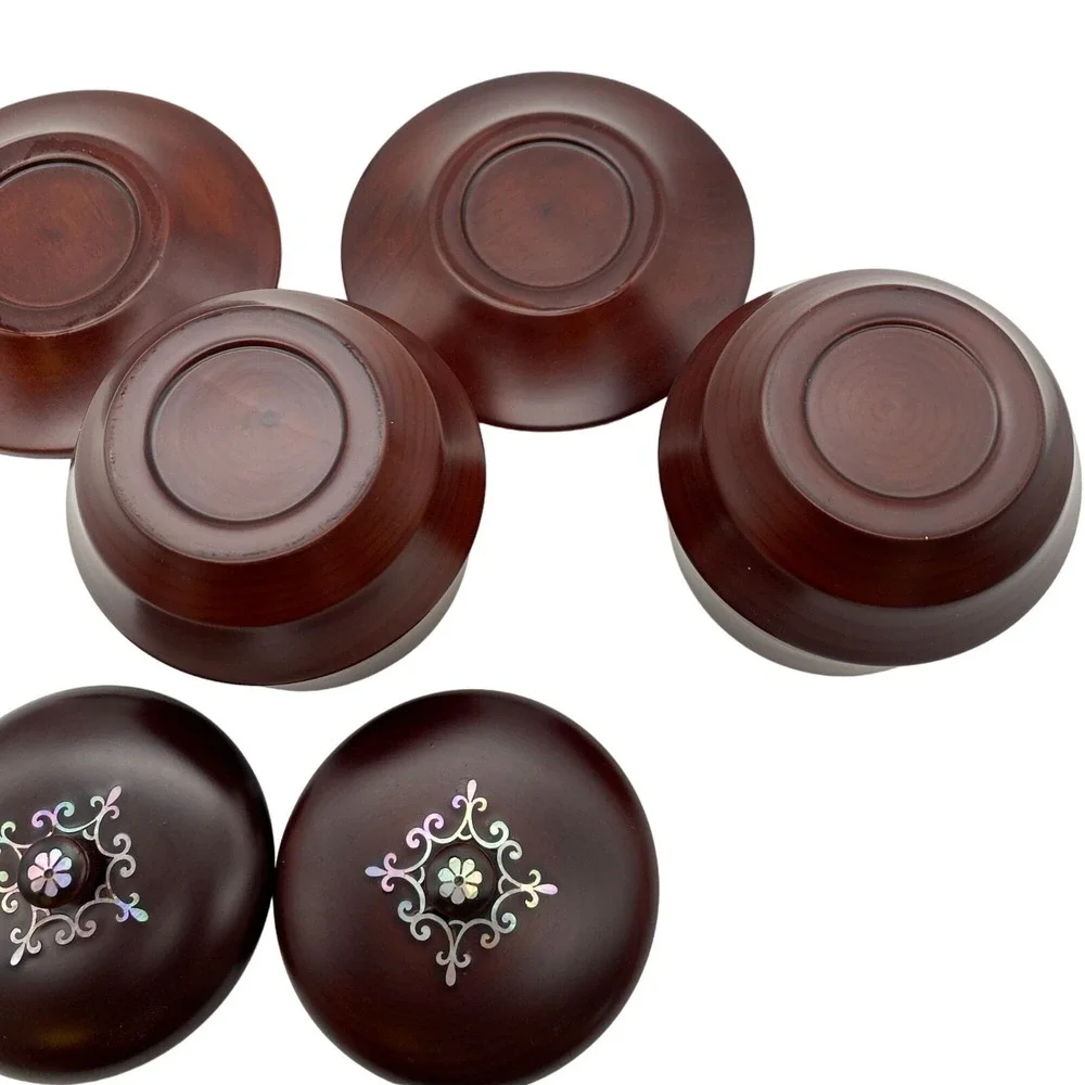 Wooden lidded vanity trinket dish jar Mother of pearl inlay mahogany turned poli